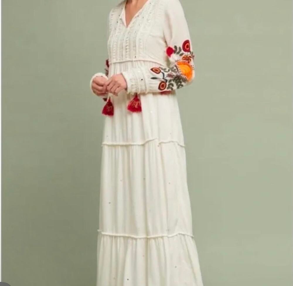 anthropologie verb pallavi Winsome long sleeve floral embroidered maxi dress 0